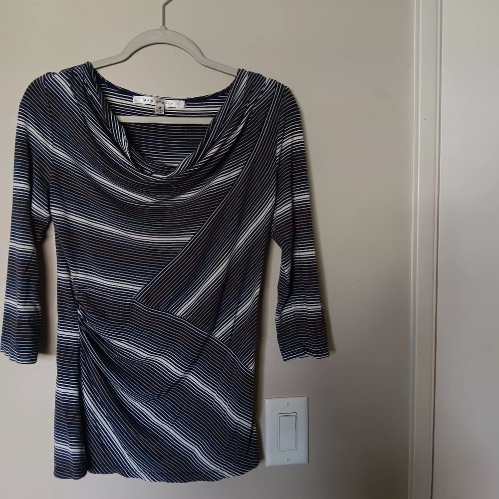 Three-Quarter Sleeve Navy & White Striped Cowl Neck Top - Picture 7 of 9